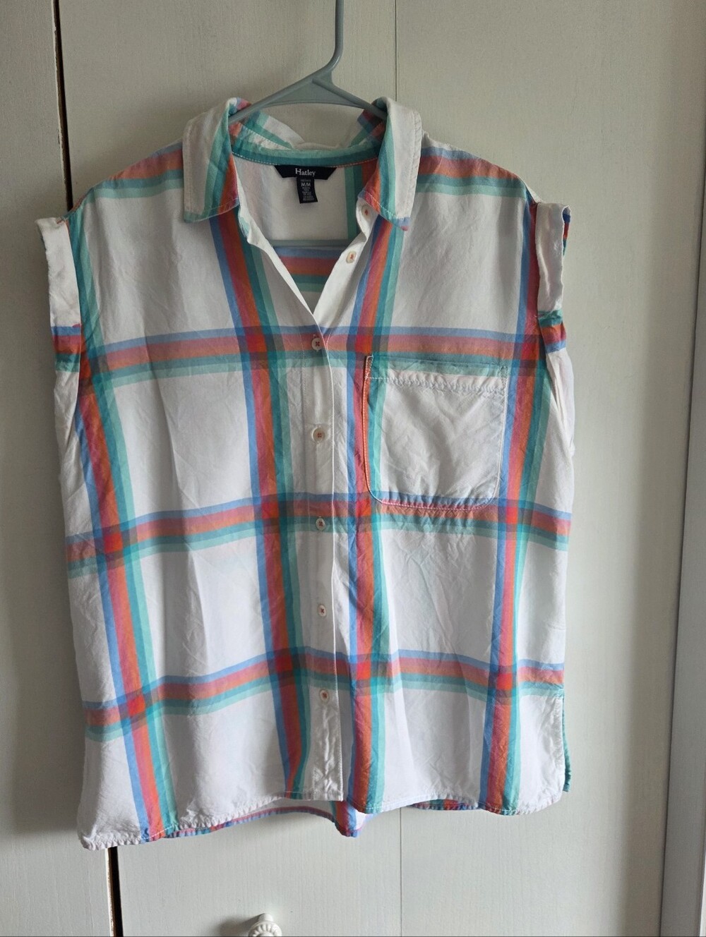 Hatley White Short-Sleeve Plaid Button-Down with Teal & Coral Stripes